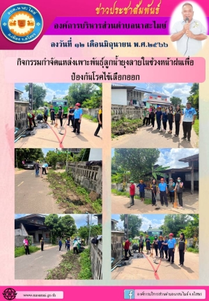 อบต.นาสะไมย์ จัดกิจกรรมกำจัดแหล่งเพาะพันธุ์ลูกน้ำยุงลายในช่วงหน้าฝนเพื่อป้องกันโรคไข้เลือกออก